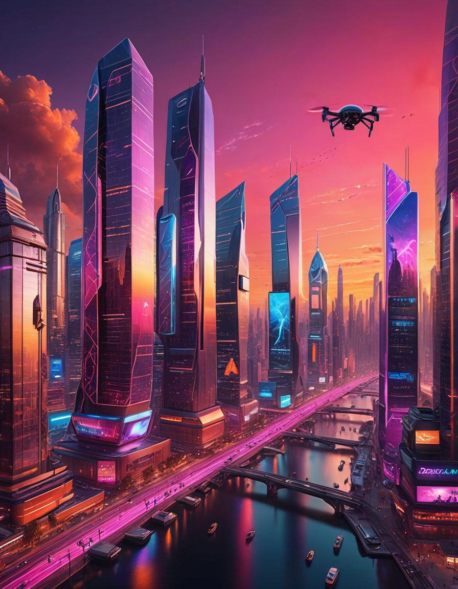A futuristic cityscape showcasing advanced mobile technology, featuring people using innovative devices like holographic smartphones and AR glasses. The skyline is dotted with sleek buildings, illuminated with neon lights, and flying drones. A vibrant sunset casts warm hues over the scene, symbolizing growth and innovation. The atmosphere is dynamic and engaging, inviting curiosity about mobile trends. super-realistic. vibrant colors. cyberpunk.