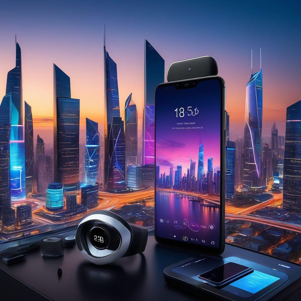 A sleek modern smartphone surrounded by an array of the latest tech gadgets like smartwatches, wireless earbuds, and VR headsets, illuminated by soft ambient lighting. In the background, a futuristic city skyline with digital screens displaying the latest mobile tech trends. The scene should evoke a sense of innovation and excitement about the future of technology. super-realistic. vibrant colors. high-tech atmosphere.