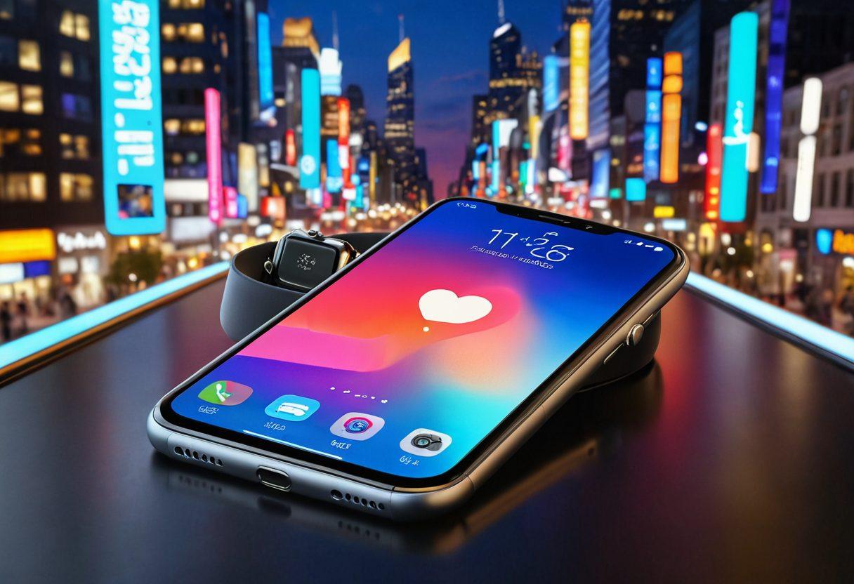 A modern smartphone displaying a variety of colorful apps on its screen, surrounded by innovative accessories like smartwatches, wireless earbuds, and portable chargers. The background features a stylish urban setting with a hint of technology, such as digital billboards and futuristic architecture. Soft lighting enhances the sleekness of the devices, inviting the viewer into the mobile revolution. vibrant colors. super-realistic. urban landscape.